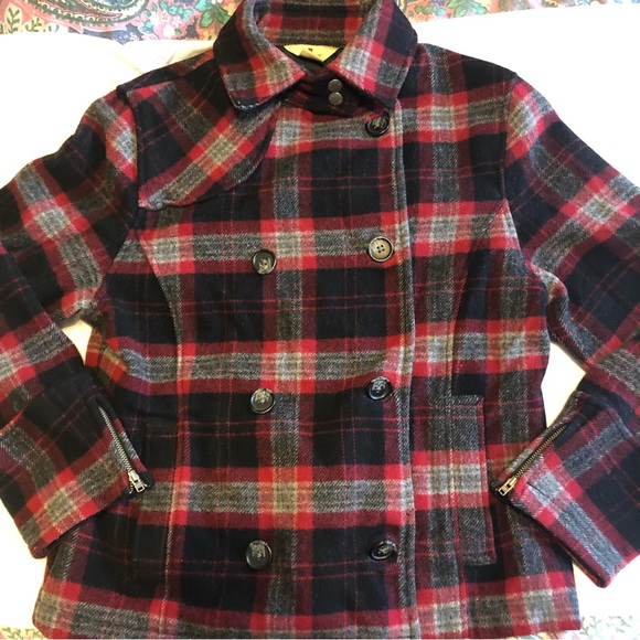 Woolrich black/grey/red 80%wool blend peacoat size small. - Picture 3 of 7